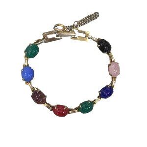 Vintage Multi Gemstone Egyptian Scarab Beetle Bracelet Gold Tone Safety Clasp 6"